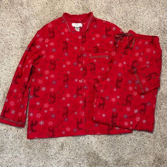 Karen Neuburger Women’s Pajama Set Red Reindeer Snowflake Print Petite Large - Picture 1 of 10